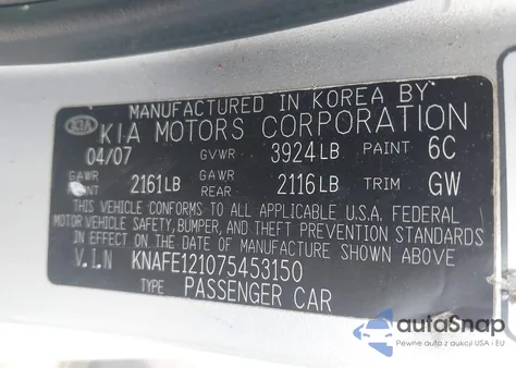 2007 Kia Spectra Ex from USA, damaged, VIN KNAFE121075453150